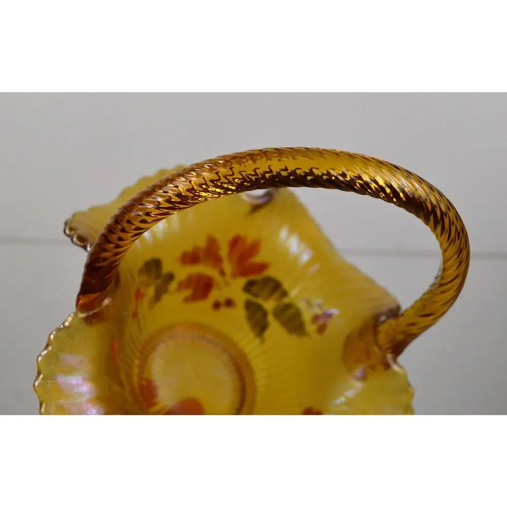 Vintage Fenton Amber Carnival Glass Basket, Christmas Poinsettia